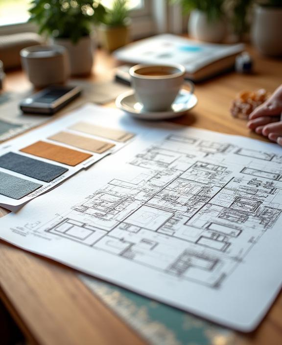 인테리어 디자인 스케치와 자재 샘플이 놓인 작업 테이블